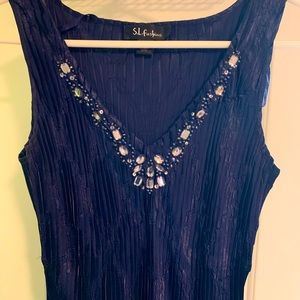 Navy blue Dressy sleeveless midi length dress and lightweight jacket.Embellished